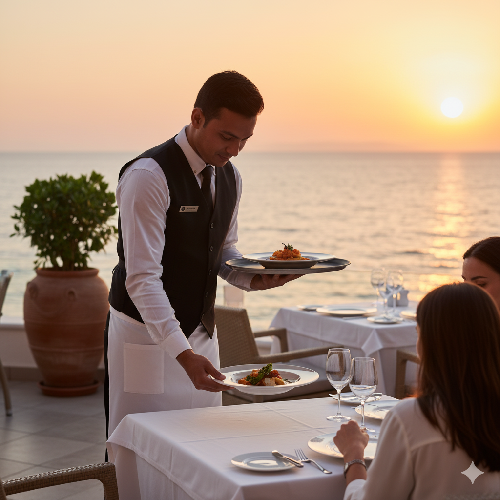 Waiter serving at sunset